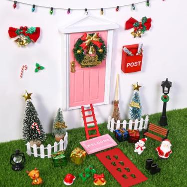 Imagem de Celltestria Conjunto de 39 peças de decoração de porta de fada de elfo de Natal rosa, figuras em miniatura, portas de madeira, Papai Noel, boneco de neve, kit para mini acessórios de casa de boneca