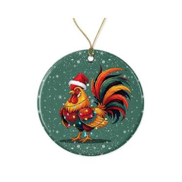 Imagem de ZoZi9xDesigns Enfeite de galinha com chapéu de Natal - Natal animal - amante de galinhas - enfeite de fazenda fofo - presente para criança - decoração de árvore de Natal de cerâmica impressa em ambos