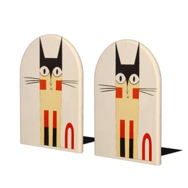 Imagem de Suporte para livros de madeira grande amarelo engraçado gato decorativo antiderrapante resistente terminais de livro para escritório escritório em casa biblioteca escola estudo decoração divisórias de