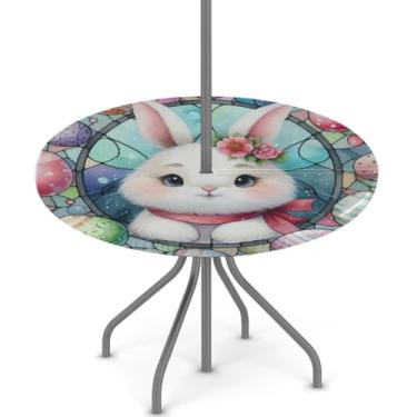 Imagem de hongjinglin Toalha de mesa de Páscoa para uso ao ar livre com orifício para guarda-chuva, toalha de mesa redonda elástica com zíper, impermeável, limpável, para piquenique, festa, pátio, serve para