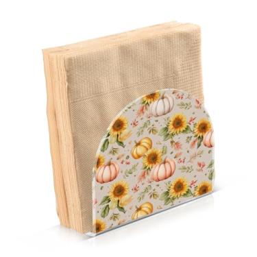 Imagem de Blueangle Porta-guardanapos de girassóis e abóboras de outono - decoração de mesa de acrílico à prova de vento para cozinha e casa, dispensador de lenços de férias com porta-guardanapos verticais (569