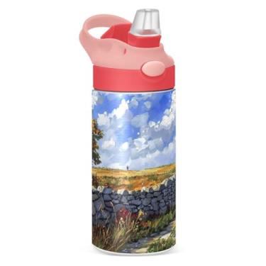 Imagem de Blueangle Garrafa de água doméstica camponesa isolada de aço inoxidável de 350 ml com tampa de canudo - Garrafa esportiva reutilizável e portátil à prova de vazamento para viagens, ao ar livre (368)