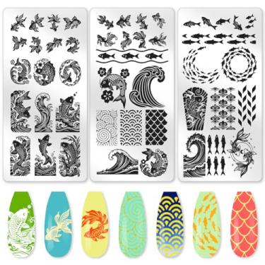 Imagem de Benikmake 3 peças molde de carimbo de unha de peixe ondas peixe dourado placa de imagem de aço inoxidável DIY ferramentas reutilizáveis com raspador de carimbo para salão de manicure