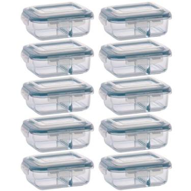 Imagem de 10 Pote de Vidro 640ml Retangular Divisória Marmita Fitness - PRATICAS