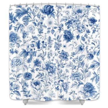 Imagem de DYNH Cortina de chuveiro floral azul boho, cortinas de banheira de plantas rústicas, flores e folhas, estampa boêmia, vintage, decoração de banheiro botânica com ganchos, 169 x 170 cm