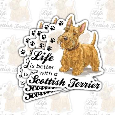 Imagem de 3 peças de adesivos Life is Better with a Scottish Terrier, fofos adesivos amarelos de vinil para laptop, caderno, garrafa de água, para-choque de carro, presente para proprietários de terrier, amigos