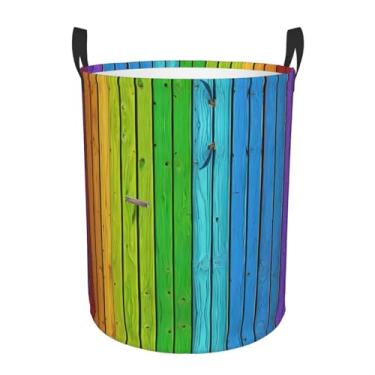 Imagem de Fundo de madeira colorido arco-íris - cesto de roupa suja redondo estampado - cesto de tecido de camada única com alças, Oxford resistente à água para organização de quarto e banheiro. Pequeno