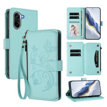 Imagem de Capa carteira Oneplus ACE 5 Racing com suporte para cartão, bolso com zíper e alça longa - capa fólio de couro com fecho magnético, suporte, capa feminina anti-impressão digital (menta)