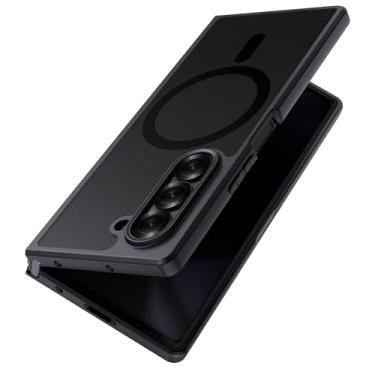 Imagem de MAKAVO Capa magnética para Samsung Galaxy Z Fold 6 [compatível com MagSafe] [protetor de tela] traseira rígida fosca translúcida fina e amortecedor preto macio, capa flexível à prova de quedas, capa