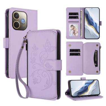 Imagem de Capa carteira para Oppo A5 Pro 4G/A5 Pro 5G com suporte para cartão, bolso com zíper e alça longa - capa fólio de couro com fecho magnético, suporte, capa feminina anti-impressão digital (roxo claro)