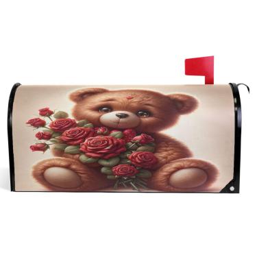 Imagem de TSENQUE Capas decorativas para caixa de correio de vinil magnético, capa de caixa de correio, urso, rosa, flores de fazenda, decoração de caixa de correio, tamanho padrão ao ar livre, 52,5 x 45,8 cm