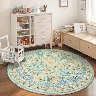 Imagem de Wonnitar Tapete redondo floral lavável, tapete redondo verde sálvia de 1,8 m para quarto de bebê, tapetes grandes antiderrapantes boho para sala de jantar, sala de estar, sala de jogos infantil