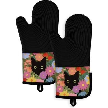 Imagem de Slohif Luvas de forno longas de silicone resistentes ao calor para mulheres - 2 peças de luvas de forno de gato preto 100% algodão, luvas de forno de silicone antiderrapantes e impermeáveis com gancho