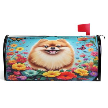 Imagem de TSENQUE Capas magnéticas decorativas para caixa de correio bonito cão da Pomerânia flores coloridas vinil caixa de correio envoltório verão decoração moderna caixa de correio tamanho padrão 52,6 x
