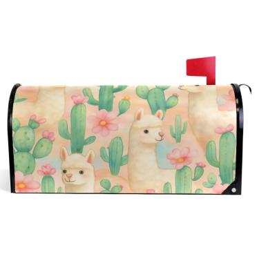 Imagem de TSENQUE Lindas Lhamas Cactus Flowers Pastel Magnetic Mailbox Covers Decorativas Primavera Caixa de Correio Envelopes Vinil À Prova de Intempéries Decoração de Caixa de Correio de Férias Tamanho Padrão