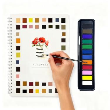 Imagem de Livro de exercícios em aquarela, kit de pintura em aquarela com conjunto de 12 cores com pincéis e cenas multitemáticas, conjunto de livros de exercícios para iniciantes para adultos e adolescentes