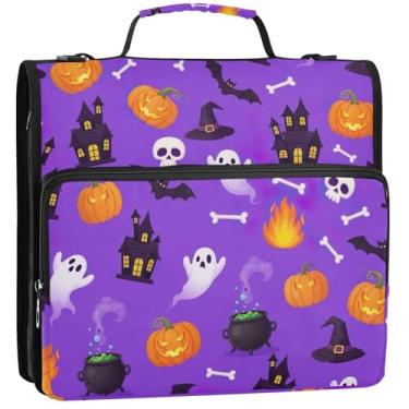 Imagem de Documento 3 fichários anel D de 3 polegadas abóboras roxo organizador de fichário com zíper, vários bolsos, pasta de portfólio grande com alça, bolsa de ensino médio, 34,5 x 31,5 x 9 cm