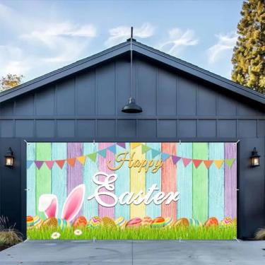 Imagem de Capa de decoração de porta de garagem feliz Páscoa 2,1 x 4,9 m decoração de Páscoa de madeira colorida para 2 carros grande faixa de Páscoa pano de fundo para festa ao ar livre porta de parede portão
