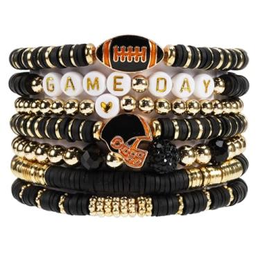 Imagem de Lonext Pulseira com pingente de futebol para dia de jogo, joias esportivas empilháveis para mães e pais, perfeita para fãs de futebol americano, One Size, Argila de polímero Strass, Sem Pedra Preciosa