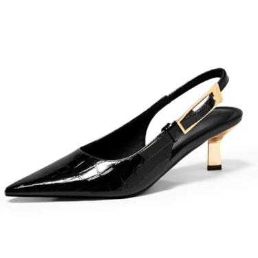 Imagem de Coutgo Sapatos femininos de salto gatinho fechados bico fino com fivela e tira de fivela para festa de casamento, Croc preto, 35