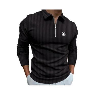 Imagem de Camisa polo com zíper manga comprida masculina, roupa listrada, nova -