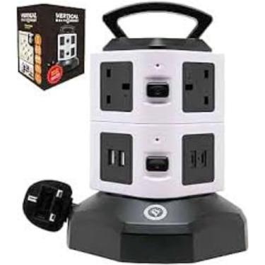 Imagem de Torre de Tomada Vertical com 3 Tomadas Universais e 2 Portas USB, Base Giratória, Botões Liga/Desliga, 2500W, Branco