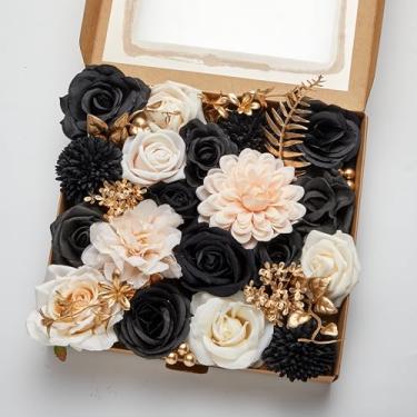 Imagem de Serwalin Flores artificiais, preto, dourado e champanhe, flores de seda falsas para casamento, buquês de noiva, flores de bolo falsas para mesas, festas, chás de bebê, decorações florais