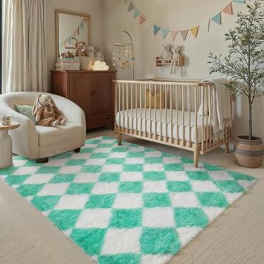 Imagem de HUGEAR Tapete quadriculado 10 x 15 cm verde e branco moderno tapete felpudo macio lavável tapete interno felpudo aspirador para quarto, casa, dormitório, decoração antiderrapante