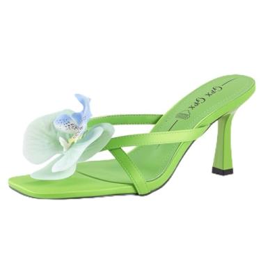 Imagem de GPXGPX Sandálias femininas de salto de gatinho com flores confortáveis, sem cadarço, bico aberto, verão, casamentos, festas, praia, salto floral, Verde, 35