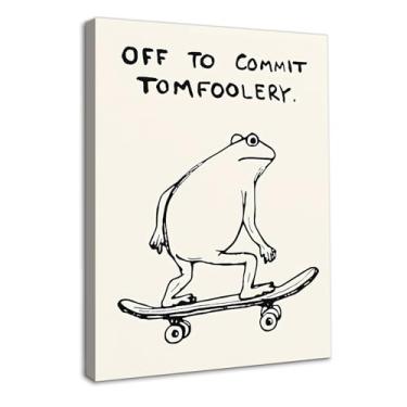 Imagem de Dazzlewall Pôster de citação engraçada de arte de parede de sapo emoldurado Off To Commit Tomfoolery, imagem descolada de sapo de skate para decoração de quarto de banheiro 30,5 x 40,6 cm
