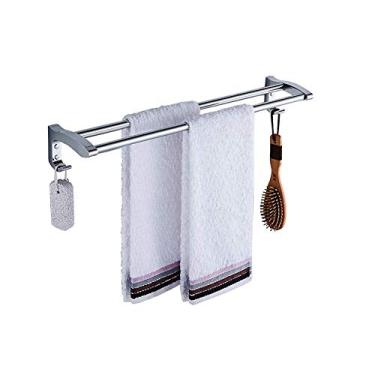 Imagem de Toalheiro montado na parede barra de toalha dupla de aço inoxidável toalheiro suporte de armazenamento suporte de toalha de banheiro trilhos com ganchos 70 cm (50 cm)