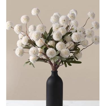 Imagem de HyeFlora Flores falsas Kiku, flores artificiais para mães de pompom de seda sintética, hastes de crisântemo, arranjo floral, flores secas, decoração vintage, vaso interno para casa, branco, vaso não