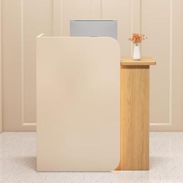 Imagem de Mesa de recepção moderna, balcão de caixa de varejo, mesa de recepção com luzes LED, balcão frontal com gaveta com trava, para supermercado, loja de conveniência, hotel, lobby e escritório (amêndoa +