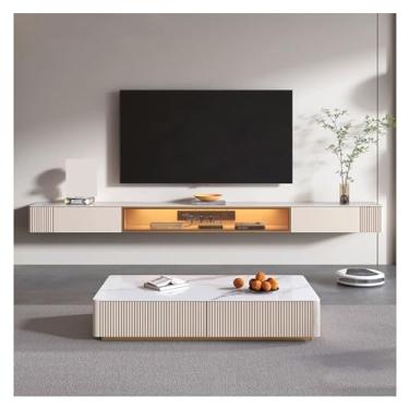 Imagem de Suporte de TV flutuante montado na parede com armário de armazenamento, suporte de TV para quarto, sala de estar com luz LED, suporte de televisão moderno com suporte de parede de mídia de mesa de