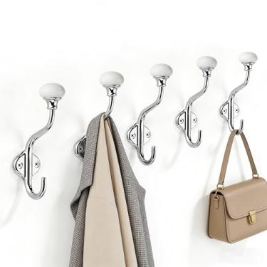 Imagem de TUNNY Ganchos para casaco – Pacote com 5 ganchos de toalha cromados polidos ganchos decorativos de parede para banheiro, quarto, cozinha, toalha, roupão, roupas, armário, banheiro, ferragens