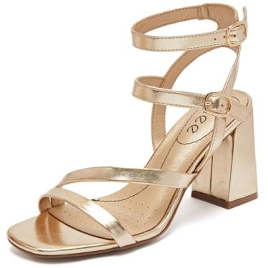 Imagem de Ruiee Sandálias femininas de salto grosso – bico aberto quadrado com tiras no tornozelo elegantes sapatos de festa de casamento para mulheres., Ouro 092, 38
