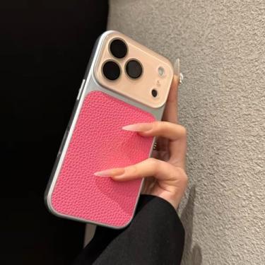 Imagem de Capa de couro com janela grande e blocos de cores para iPhone 13, 17 Pro Max, 16, 15 e 14 Pro Max, com proteção para lente de vidro (para iPhone 13/Vermelho rosado)