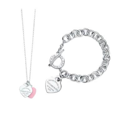 Imagem de Conjunto Tiffany Colar com Dois Pingentes de Coração Rosa de Prata 925 e Pulseira Fecho T de Aço Inoxidável