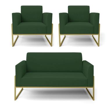 Imagem de Sofá Namoradeira Com 2 Poltronas Base Industrial Alta Dourado Marisa Veludo Verde D03 - D\'rossi
