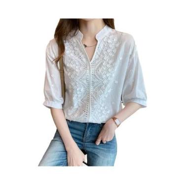 Imagem de Blusa Branca De Crochê Com Decote Em V, Manga Curta, Estilo Vintage, T