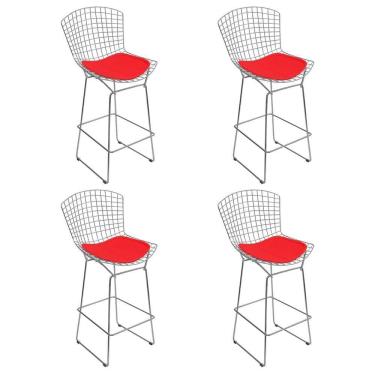 Imagem de Kit 4 Banquetas Bistrô Bertoia Cromada D70 Com Assento Sintético Vermelho