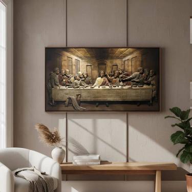 Imagem de Quadro com Moldura Tecido Canvas Santa Ceia Com Jesus 63x93cm