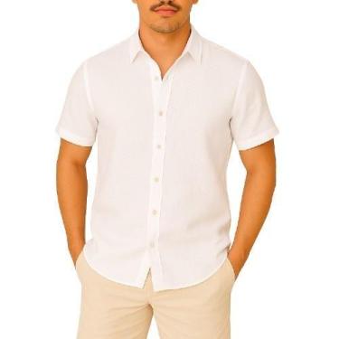 Imagem de Camisa de Linho Manga curta Verão Social Fresca Gola Italiana Elegante