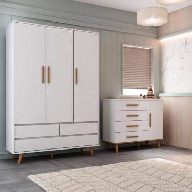 Imagem de Quarto Bebê Retrô Cômoda Infantil Fraldário Ludmila Guarda Roupa Lorena 100% MDF Branco Carolina Baby