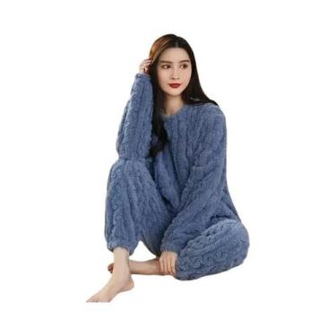 Imagem de Conjunto De Pijama Feminino De Veludo Quente Com Blusa Solta De Fleece