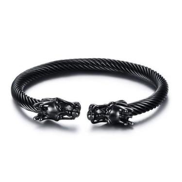 Imagem de Bracelete Preto Viking Dragão Nórdico Ragnar Aço Inox - Vorax Acessóri