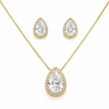 Imagem de Conjunto Colar e Brincos gota com Zirconia Cristal Banhado a Ouro 18k 