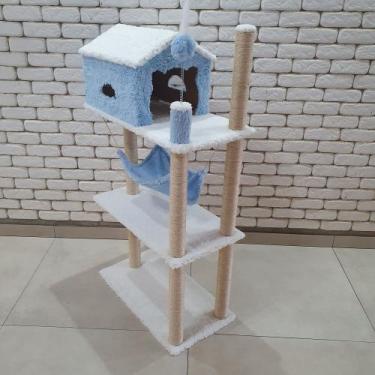 Imagem de Arranhador de gatos casa 3 andares com rede. - Tundera pet, Azul