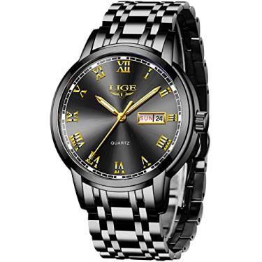Imagem de LIGE Relógios masculinos à prova d'água de aço inoxidável analógico com data e quartzo, relógio de pulso masculino clássico para negócios, Ouro preto - 17, Relógio de quartzo