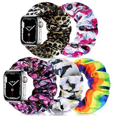 Imagem de Pulseiras de relógio Scrunchie para mulheres compatíveis com Apple Watch de 38 mm, 40 mm, 41 mm, 42 mm, 44 mm, 45 mm, pulseira elástica elástica para iWatch séries 7/6/5/4/3/2/1/SE (pacote com 5 B, tamanho P)